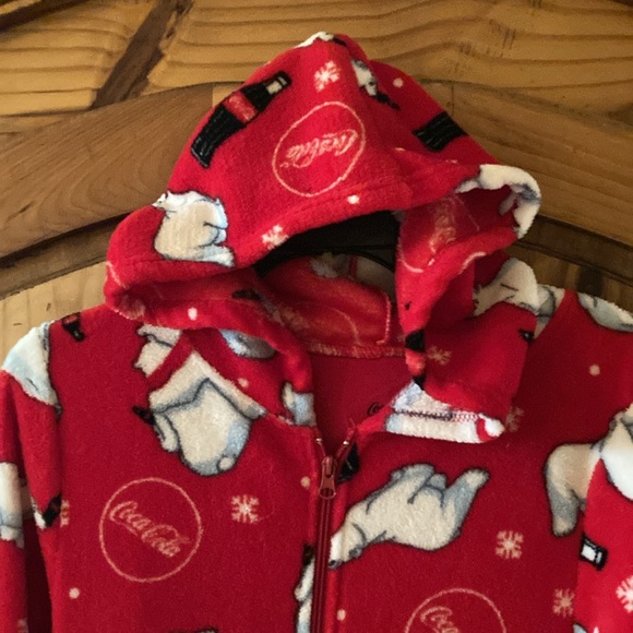 Women’s Coca Cola red polar bear hooded footed one piece pajamas size M - Picture 2 of 10